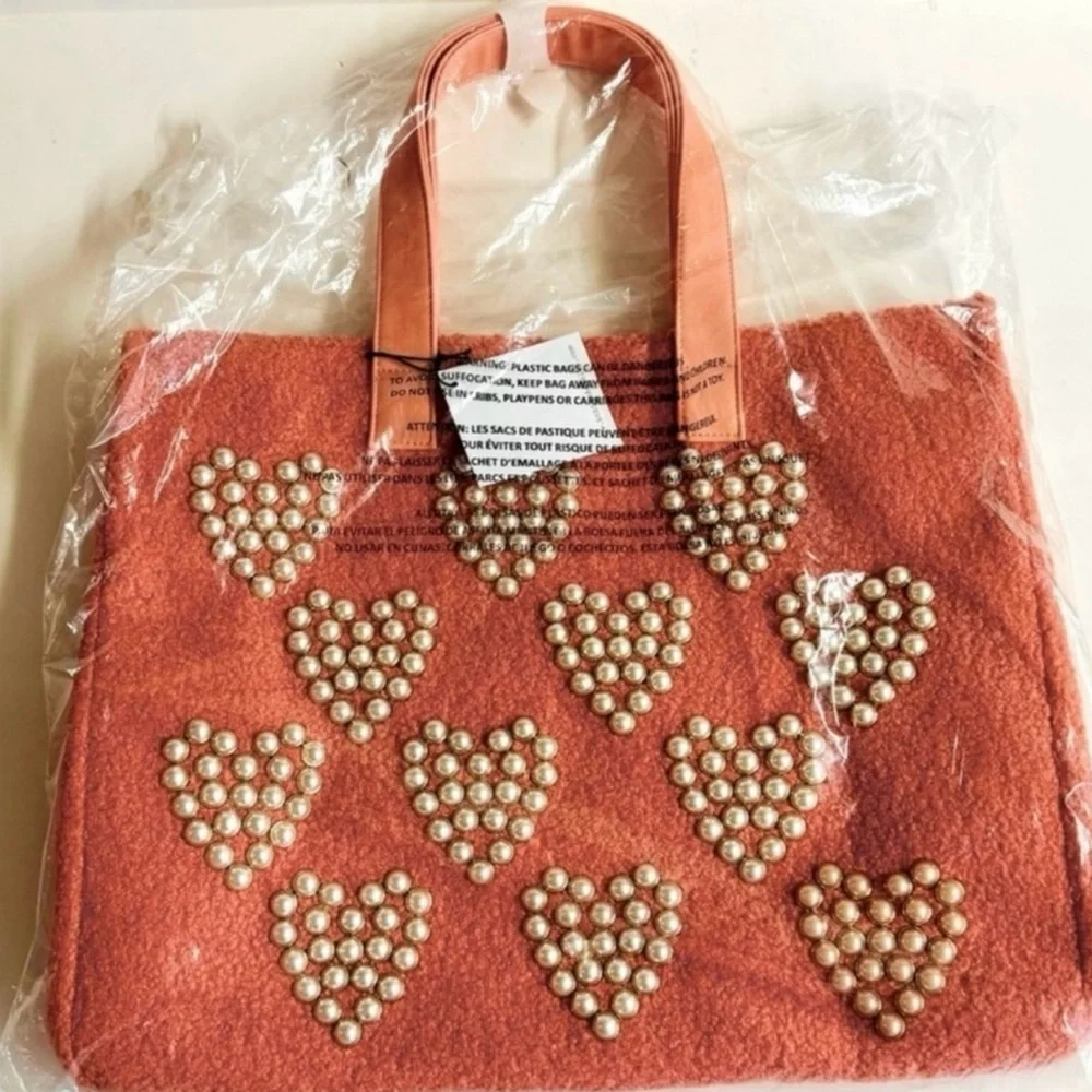 NWT btb Beyond the Beach Coral orange and cream faux pearl beaded tote.